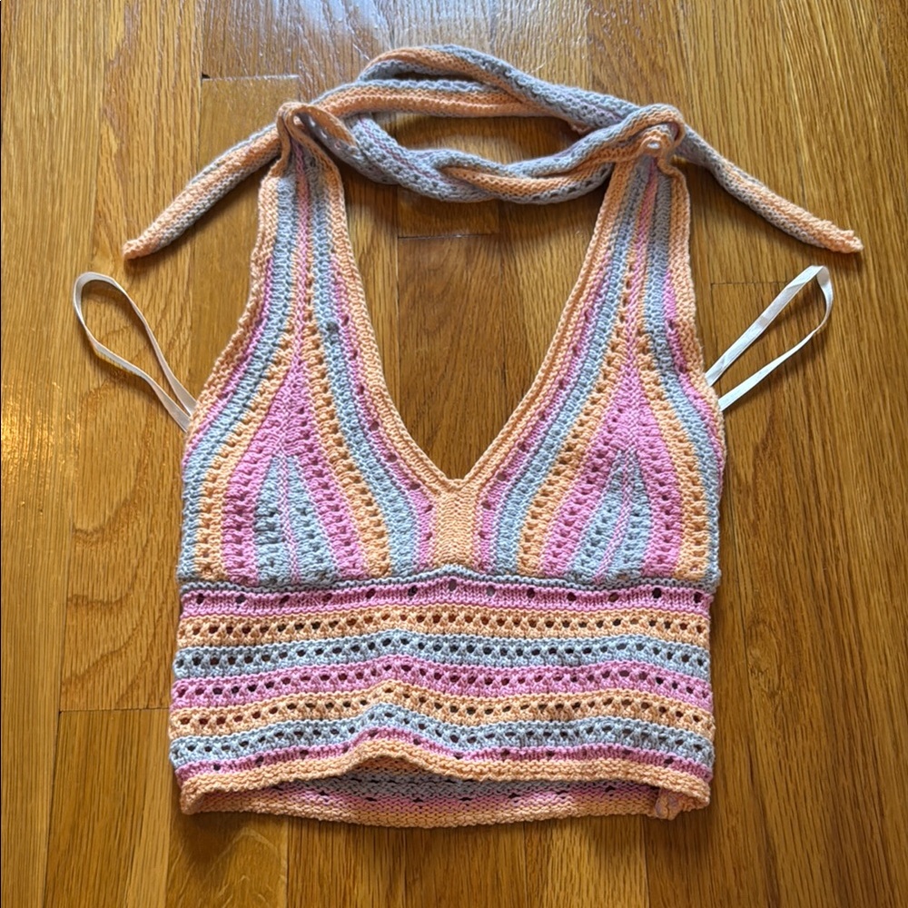 Hollister Pink and Blue Cropped Tie Front Tank Top